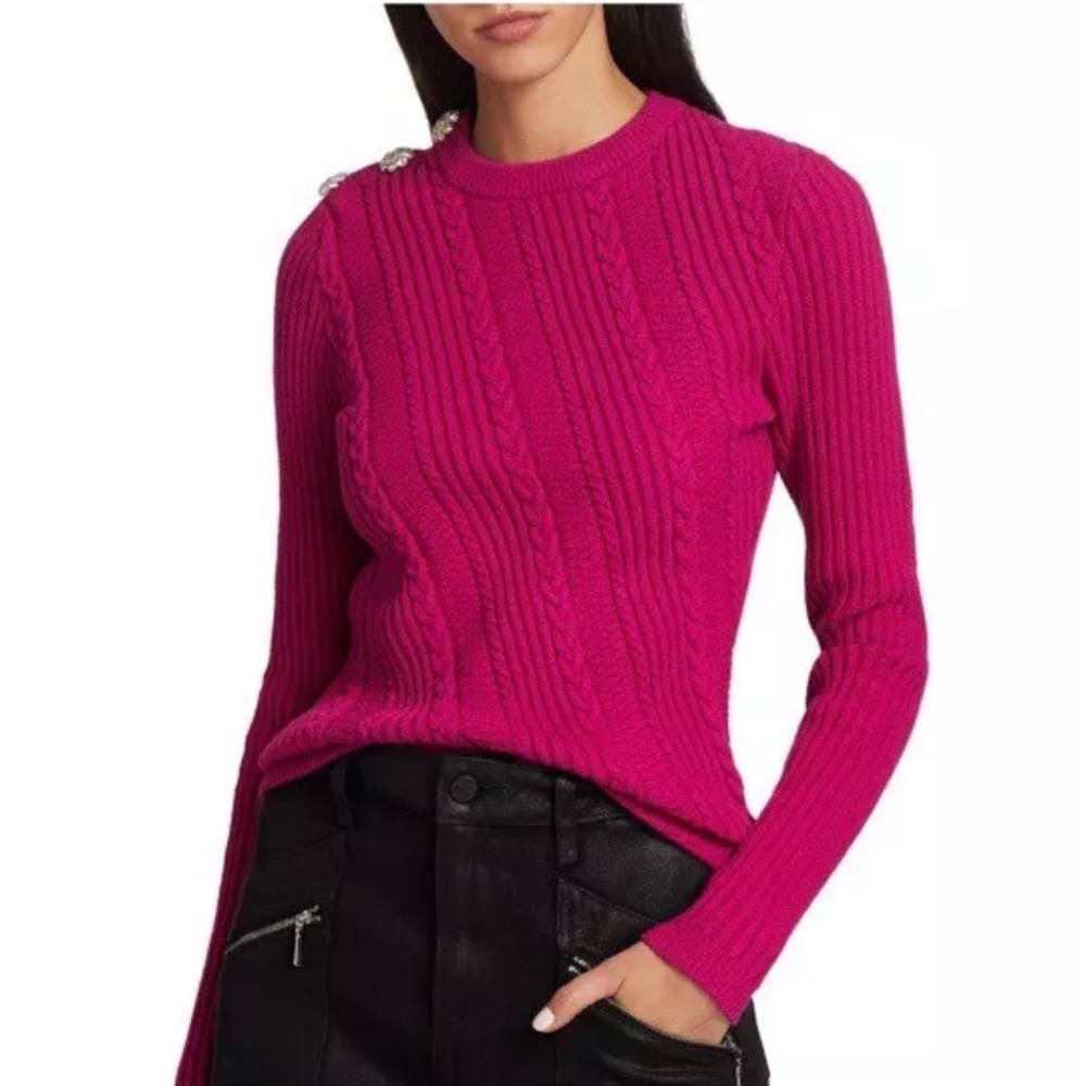 GANNI Fuchsia Crystal-Embellished Cable-Knit Cotton-Blend Pullover Sweater XS